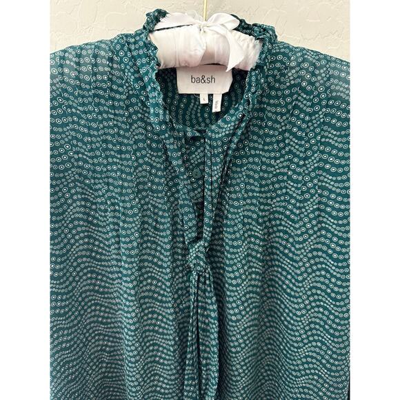 BA&SH Paris Green Boho Tie Neck Blouse Ruffle Collar Long Sleeve | Size Large - Picture 4 of 8